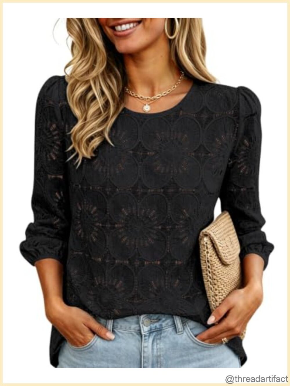 Poetsky Womens Eyelet Lace 3/4 Sleeve Blouse Business Casual Top